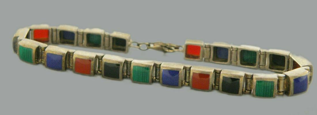 VINTAGE STERLING SILVER MALACHITE, LAPIS, ONYX BRACELET (1 of 2)