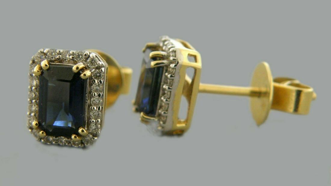 14K YELLOW GOLD DIAMOND BLUE SAPPHIRE STUD EARRINGS (1 of 2)