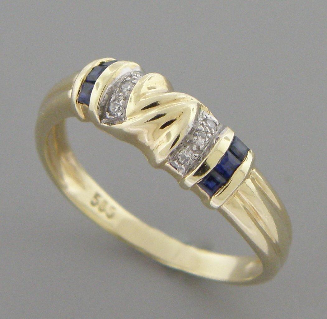 DECO 14K Y/ GOLD OLD BLUE SAPPHIRE DIAMOND BAND RING (1 of 2)