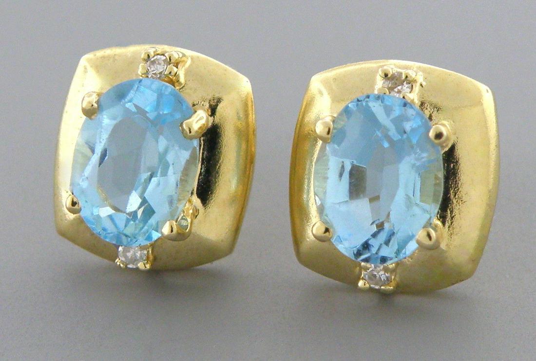 14K YELLOW GOLD DIAMOND & AQUAMARINE STUD EARRINGS (1 of 2)