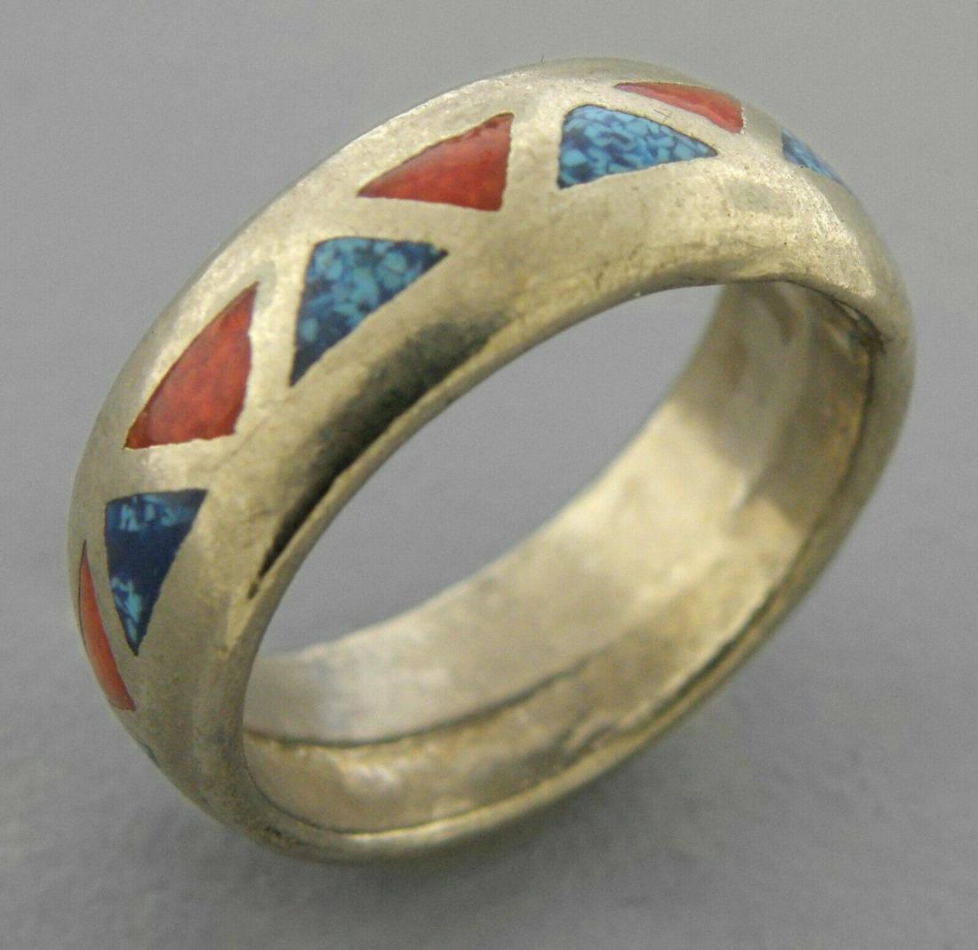 VINTAGE STERLING SILVER INLAID TURQUOISE CORAL RING (1 of 2)