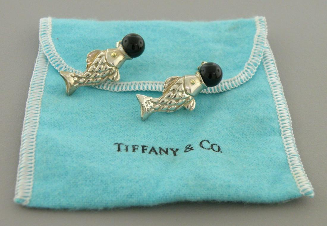 TIFFANY & Co. 18K STERLING BUBBLES FISH ONYX EARRINGS (1 of 2)