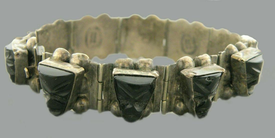 VINTAGE STERLING SILVER BLACK ONYX MASK BRACELET MEXICO (1 of 2)