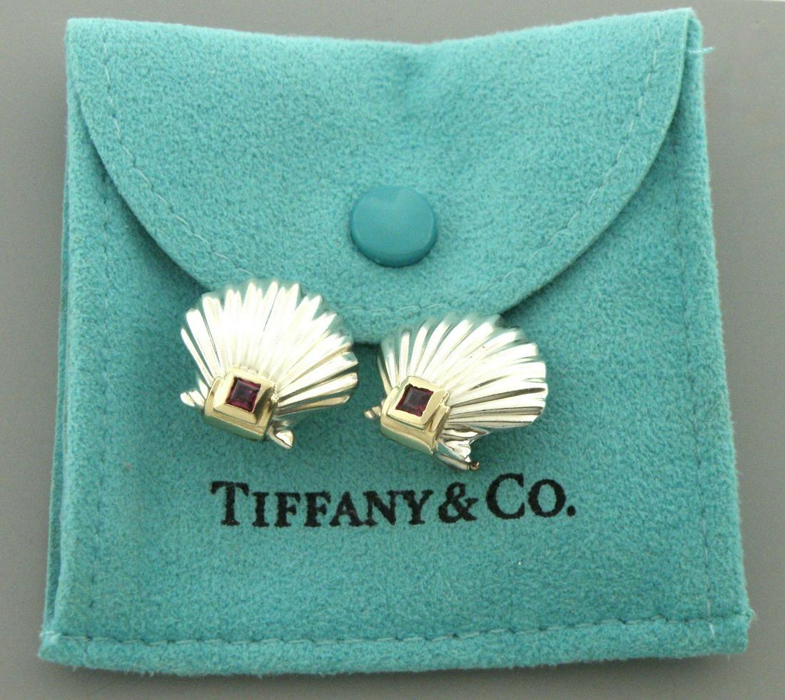TIFFANY & Co. 14K STERLING SILVER RUBY SHELL EARRINGS (1 of 2)