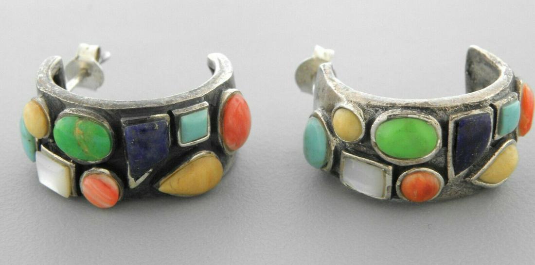 VINTAGE SILVER TURQUOISE LAPIS CORAL AMBER MOP EARRINGS (1 of 2)