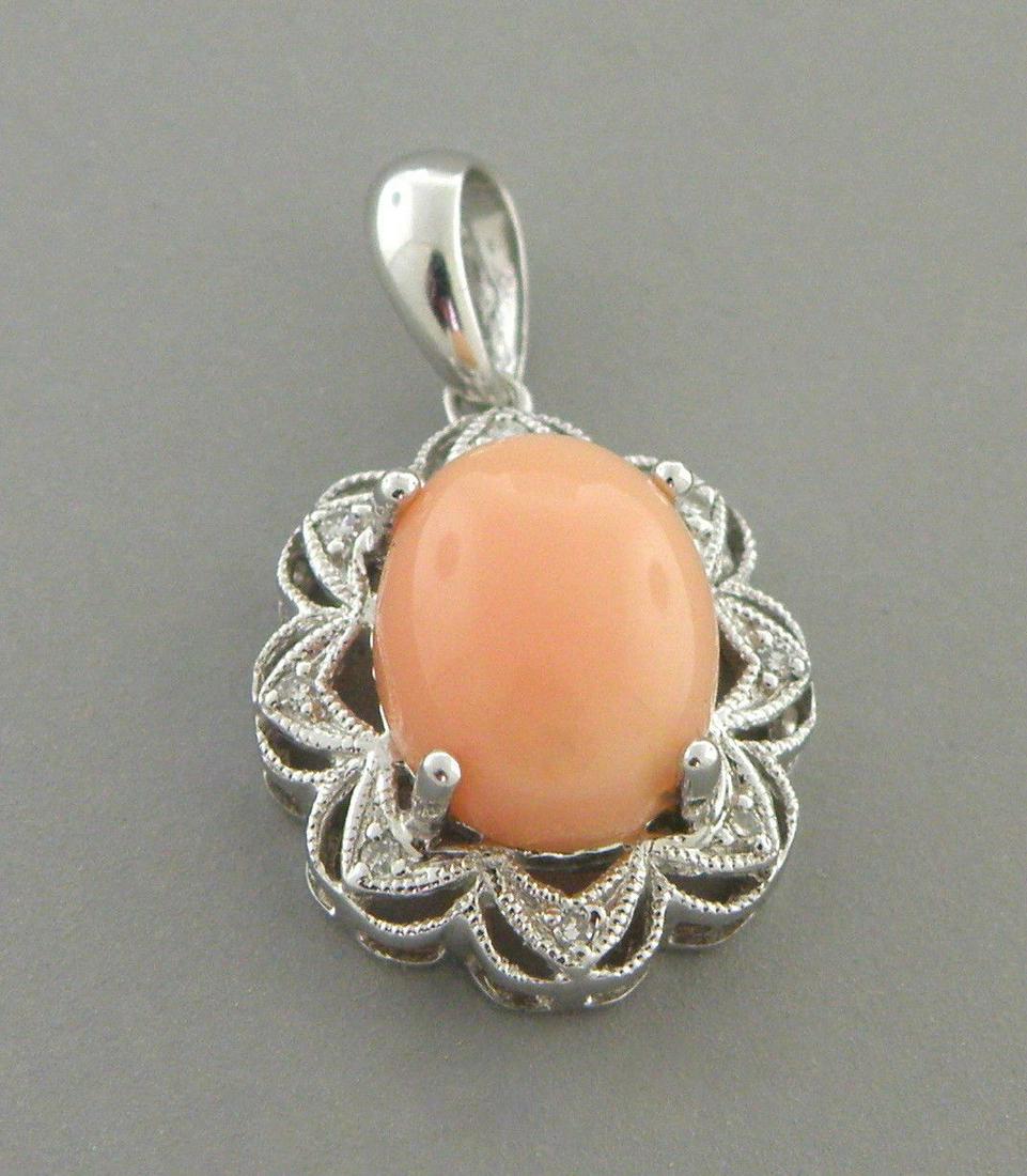 14K WHITE GOLD FLOWER SHAPE PINK CORAL DIAMOND PENDANT (1 of 2)