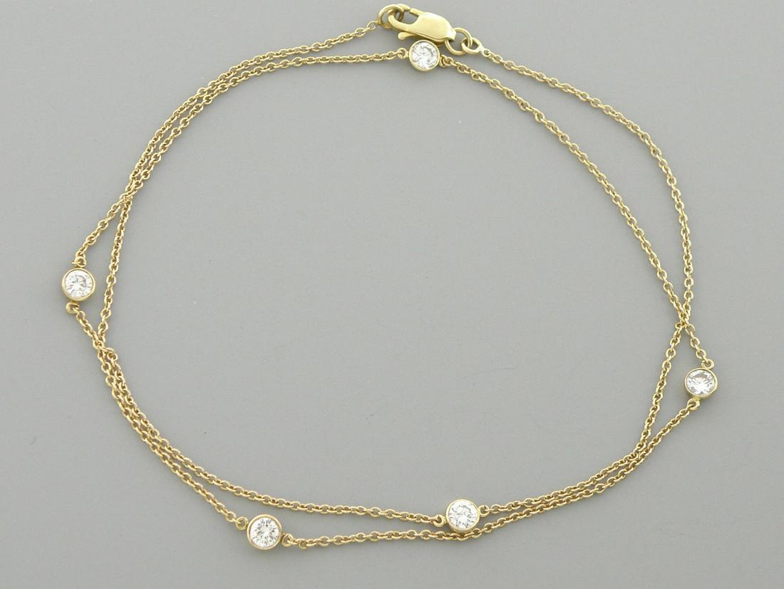 14K YELLOW GOLD LADIES DIAMOND BY YARD NECKLACE 0.75ct: Necklace measures 16" Long - 14K yellow gold 5 Diamonds, apx 0.15ct each, total 0.75ct Diamonds Color G, Clarity VS2, super clean New in Excellent condition, please refer to pics Tested 14K Total weig