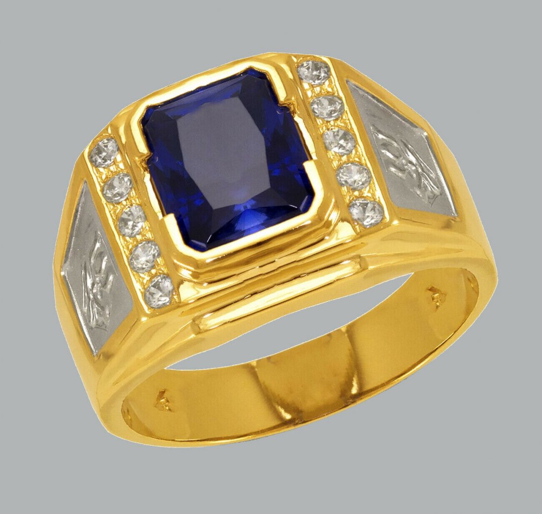 14K TWO TONE GOLD MENS RING SIGNET BLUE CZ EMERALD CUT (1 of 1)