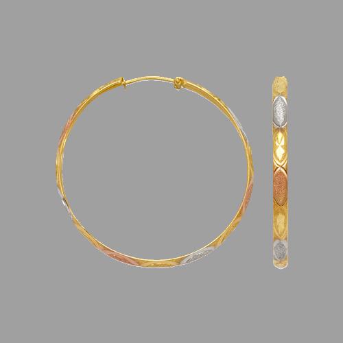 14K TRI COLOR GOLD 3mm ROUND HOOP EARRINGS 20mm DIAMTER: 14K Tricolor Gold Approx. 3mm Wide 20mm Diameter Satin Finish/Diamond Cut Endless Backing 1.3g