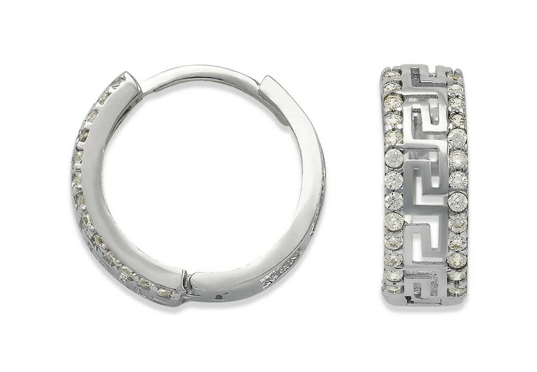 14K WHITE GOLD CZ HUGGIE HOOP EARRINGS GREEK KEY: NEW 14K WHITE GOLD HUGGIE EARRINGS New 14K White Gold Hoop Earrings Measures: 14mm in Diameter x 5mm Wide Earrings have a polished finish Set with Cubic Zirconia Snap closure Stamp: 14k Avg Weight: 2.