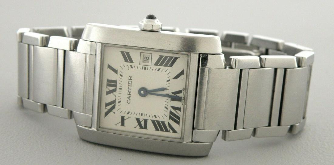 CARTIER TANK FRANCAISE MID SIZE STEEL DATE WATCH: CARTIER TANK FRANCAISE STAINLESS STEEL WATCHWatch will fit a wrist size of 6"Face measures 25mm wide without crownCartier Tank Francaise stainless steel watch with date, matte and polished finishPre-o