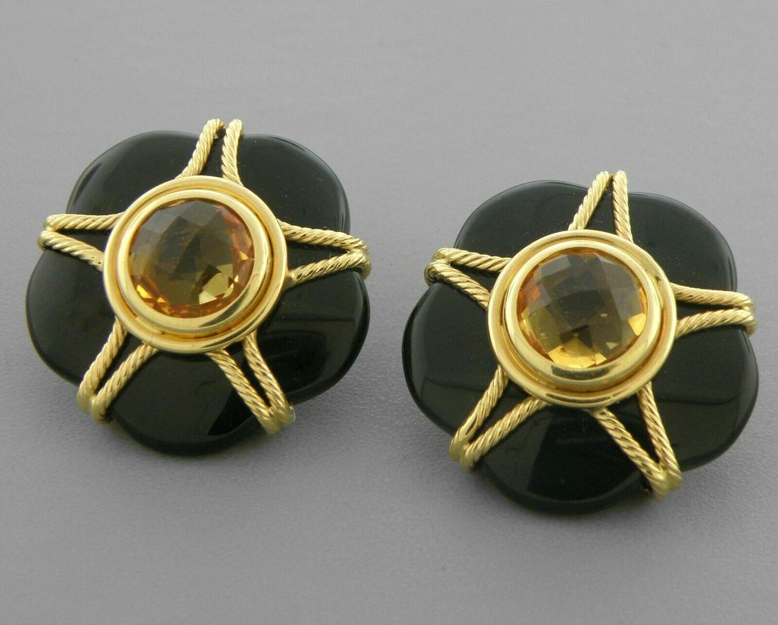 DECO 14K YELLOW GOLD BLACK ONYX CITRINE FLOWER EARRINGS (1 of 2)