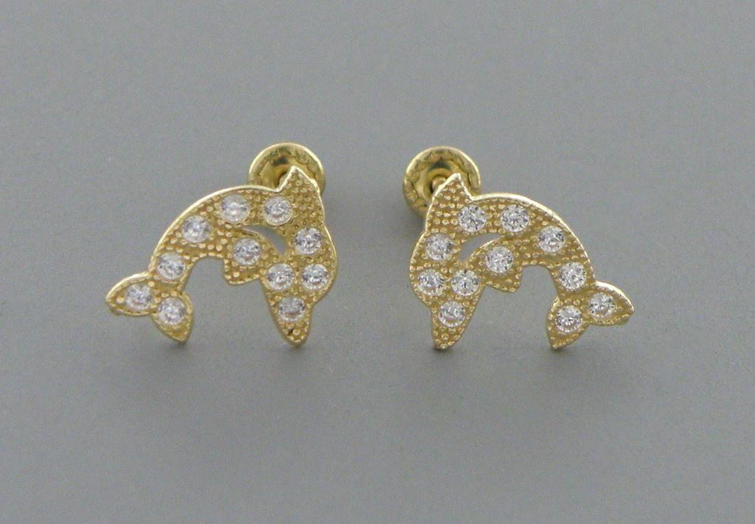 NEW 14K Y/ GOLD CZ GIRLS BABY STUD DOLPHINS EARRINGS (1 of 2)
