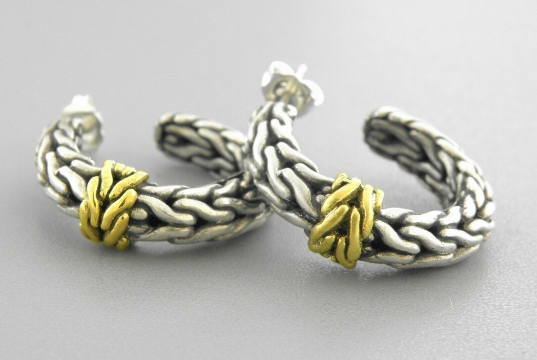 JOHN HARDY 18K GOLD STERLING SILVER CHAIN HOOP EARRINGS (1 of 2)