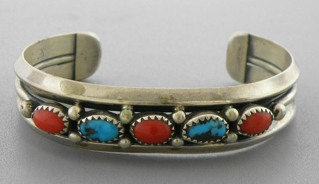 VINTAGE NAVAJO STERLING SILVER TURQUOISE CORAL CUFF (1 of 2)