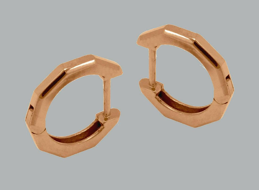 14K ROSE GOLD HUGGIE HEXAGON HOOP EARRINGS: NEW 14K ROSE GOLD HUGGIE EARRINGS New 14K Rose Gold Hexagon Huggie Earrings Measures: 2mm Wide x 11mm in Diameter Earrings have a polished finish Snap closure Stamp: 14k Avg Weight: 1.2g