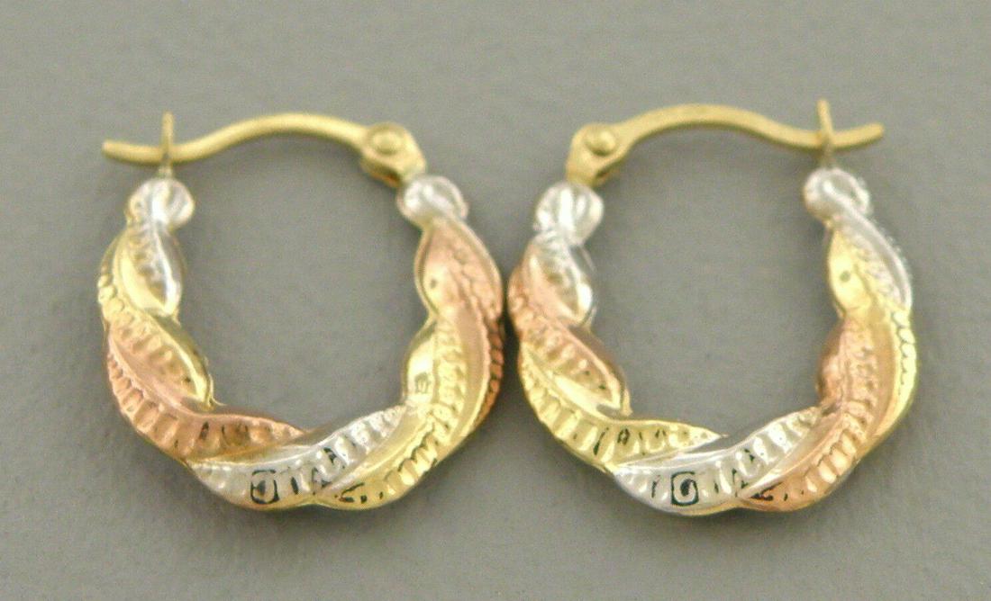 14K TRI COLOR GOLD FANCY HOLLOW SHRIMP HOOP EARRINGS (1 of 2)