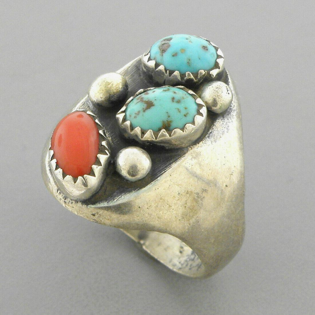 VINTAGE SOUTHWESTERN SILVER CORAL TURQUOISE RING (1 of 2)