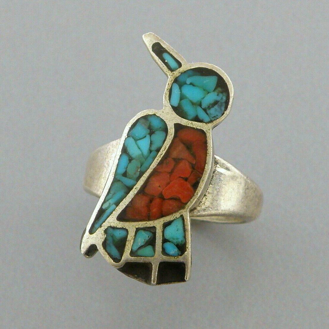 VINTAGE NAVAJO STERLING SILVER CORAL & TURQUOISE INLAY BIRD RING SIZE 4 (1 of 2)