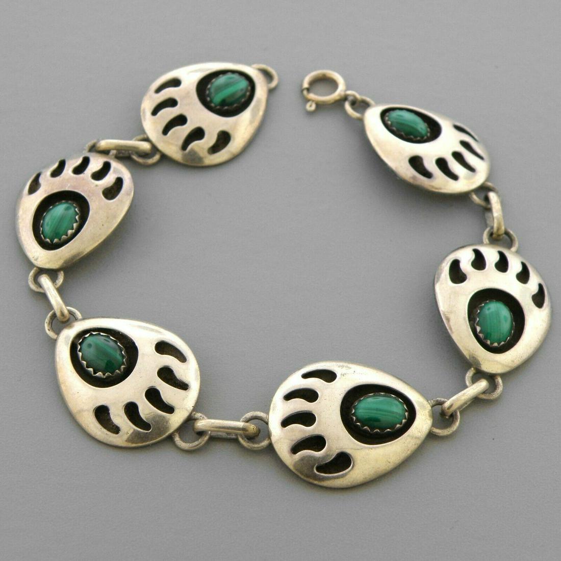 VINTAGE STERLING SILVER MALACHITE BEAR CLAW BRACELET (1 of 2)