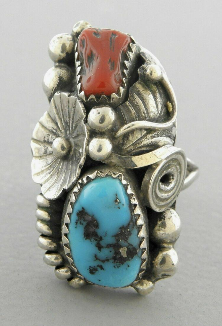 VINTAGE BEAUTIFUL NAVAJO SILVER TURQUOISE CORAL RING (1 of 2)