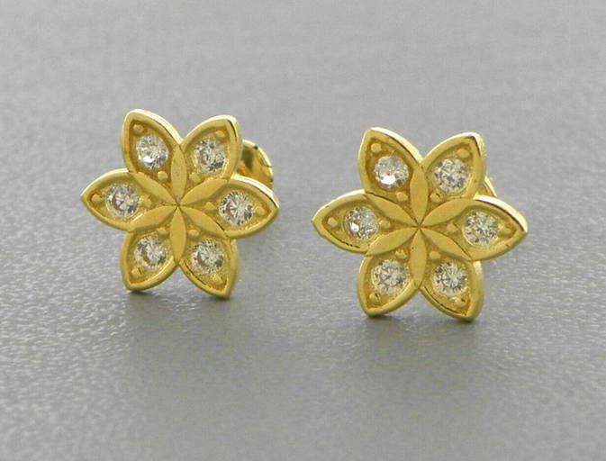14K YELLOW GOLD STUD CZ EARRINGS SCREW BACK FLOWER (0929) on Jan 08