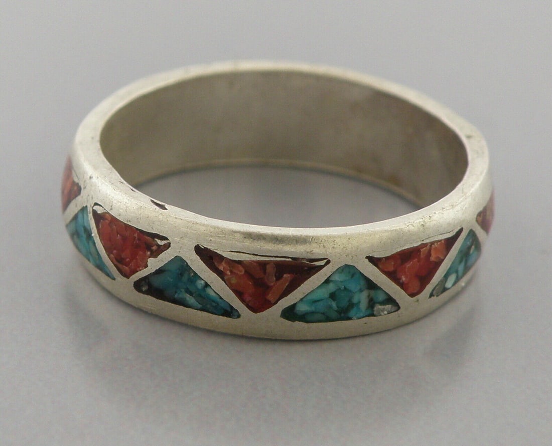 VINTAGE NAVAJO STERLING SILVER CORAL & TURQUOISE INLAY BAND RING SIZE 8.25 (1 of 2)