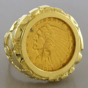 22K $2.5 INDIAN HEAD GOLD COIN 14K YELLOW GOLD MEN'S NUGGET RING HEAVY: VINTAGE 14K GOLD NUGGET COIN RING $2.5 22K Indian head gold coin nugget ring 14K gold ring 22k gold coin Size 10, (we can resize for free, sizes 9-12) Measures 24mm wide New Date may vary If you