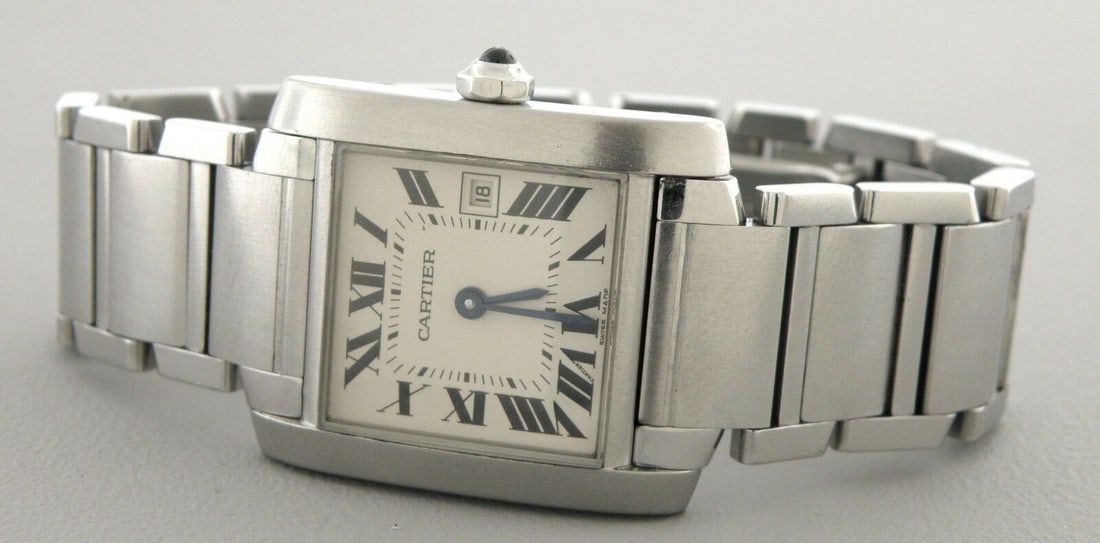 CARTIER TANK FRANCAISE MID SIZE STEEL DATE WATCH: CARTIER TANK FRANCAISE STAINLESS STEEL WATCHWatch will fit a wrist size of 6"Face measures 25mm wide without crownCartier Tank Francaise stainless steel watch with date, matte and polished finishPre-o