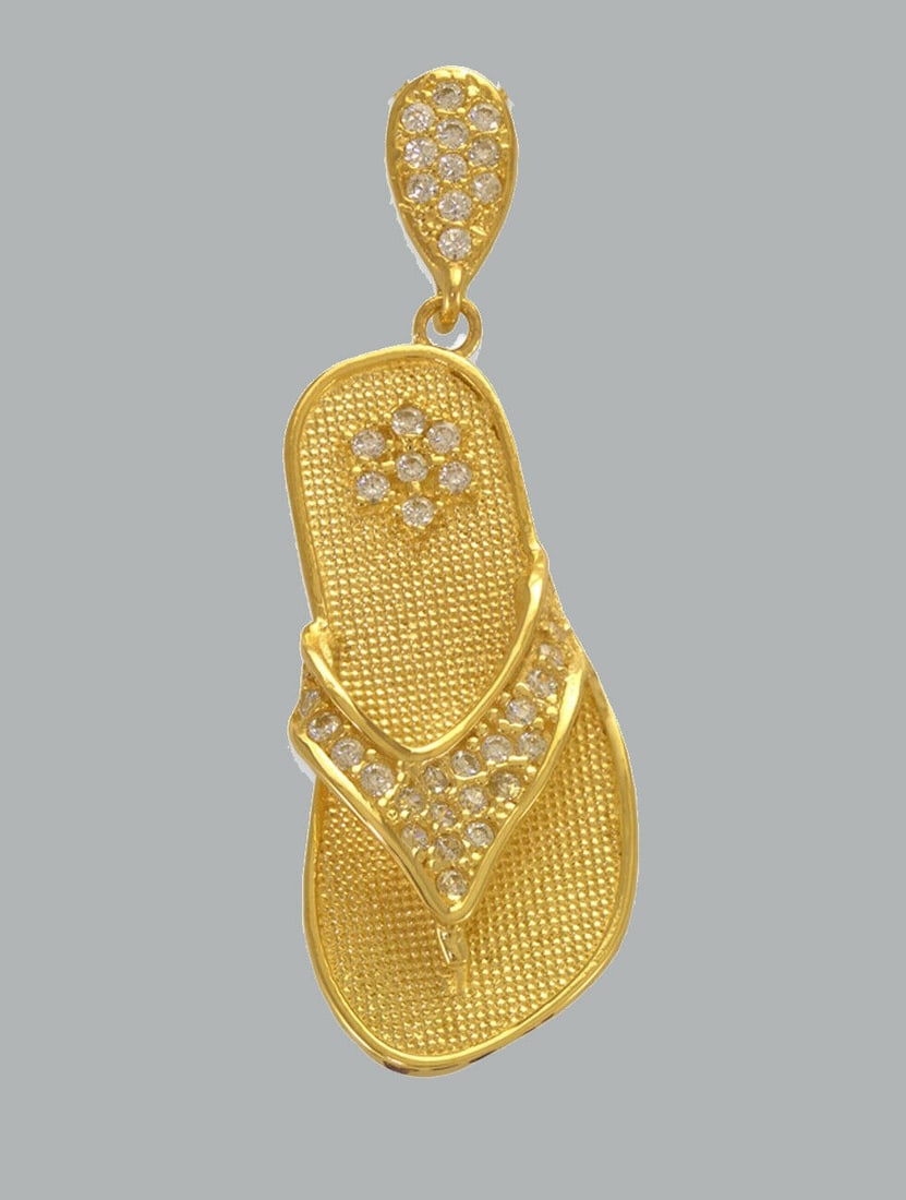 NEW 14K YELLOW GOLD CZ FANCY CHARM PENDANT SANDAL: NEW 14K YELLOW GOLD CZ SANDAL PENDANT New 14K Yellow Gold pendant Pendant measures 10mm x 25mm Set with cubic zirconia Polished finish Stamp: 14k Apx Weight: 2.9g