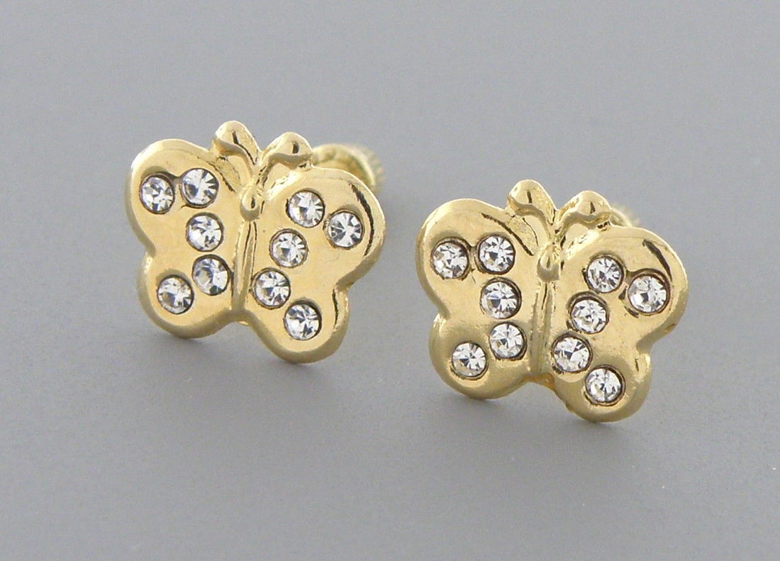 NEW 14K Y/ GOLD CZ GIRLS BABY STUD BUTTERFLY EARRINGS: Earrings measure 7.3mm H x 8.8mm W 14K Yellow gold, cz butterfly earrings Screw backs New Stamped 14K on earrings and earring backs Total weight 0.4 grams