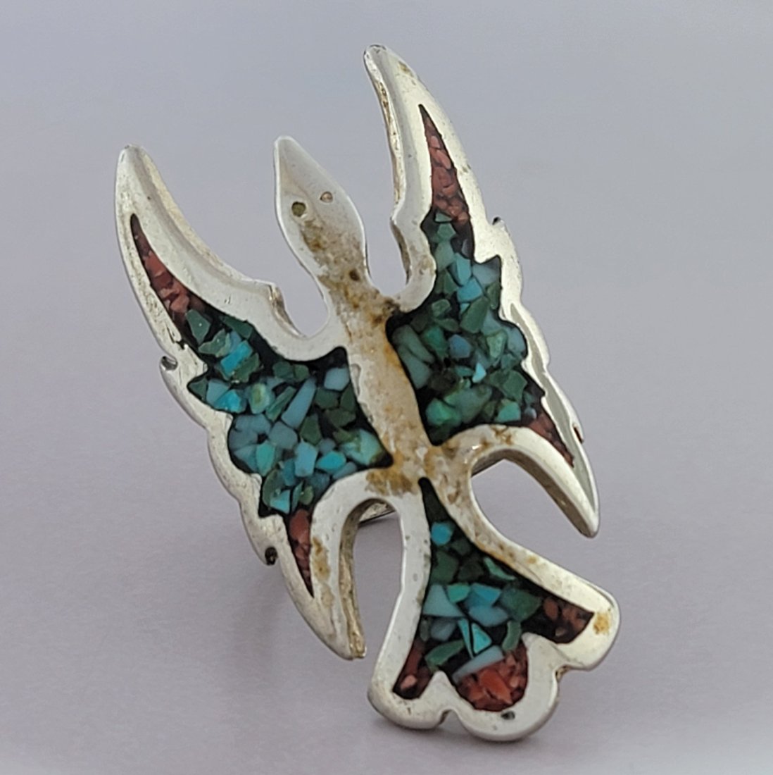 LARGE TURQUOISE & CORAL INLAID SILVER PLATED RING (1 of 2)