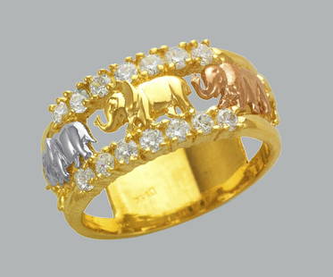 14K TRI COLOR GOLD LADIES FANCY CZ RING ELEPHANT BAND: NEW 14K TRI COLOR GOLD CZ RING New 14K Tri color solid gold ring Ring size 7 Measures 10mm wide in front Cubic Zirconia Polished Finish Apx Weight: 6.4g