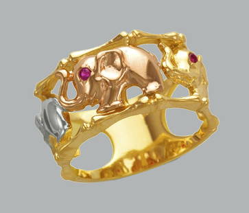 14K TRI COLOR GOLD LADIES FANCY CZ RING ELEPHANT BAND: NEW 14K TRI COLOR GOLD CZ RING New 14K Tri color solid gold ring Ring size 7 Measures 11mm wide in front Cubic Zirconia Polished Finish Apx Weight: 6.3g