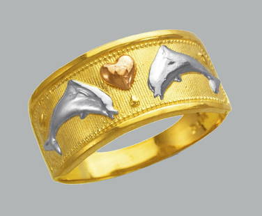 NEW 14K TRI COLOR GOLD LADIES RING DOLPHIN: NEW 14K TRI COLOR GOLD RING New 14K Tri color solid gold ring Ring size 7 Measures 10mm wide on top Polished Finish Apx Weight: 3.2g