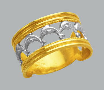 14K TWO TONE GOLD LADIES FANCY RING FILIGREE DOLPHINS: NEW 14K TWO TONE GOLD RING New 14K Two tone solid gold ring Ring size 7 Measures 11mm wide in front Polished Finish Apx Weight: 3.6g