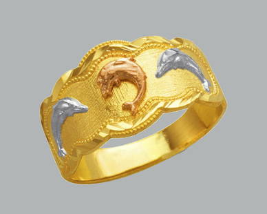 NEW 14K TRI COLOR GOLD LADIES RING DOLPHIN: NEW 14K TRI COLOR GOLD RING New 14K Tri color solid gold ring Ring size 7 Measures 11mm wide on top Polished Finish Apx Weight: 2.7g