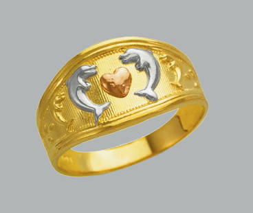 NEW 14K TRI COLOR GOLD LADIES RING DOLPHINS: NEW 14K TRI COLOR GOLD RING New 14K Tri color solid gold ring Ring size 7 Measures 12mm wide on top Polished Finish Apx Weight: 3.7g