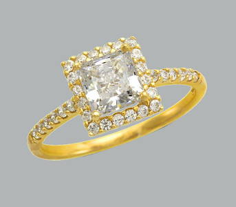 14K YELLOW GOLD ENGAGEMENT RING PRINCESS CUT HALO