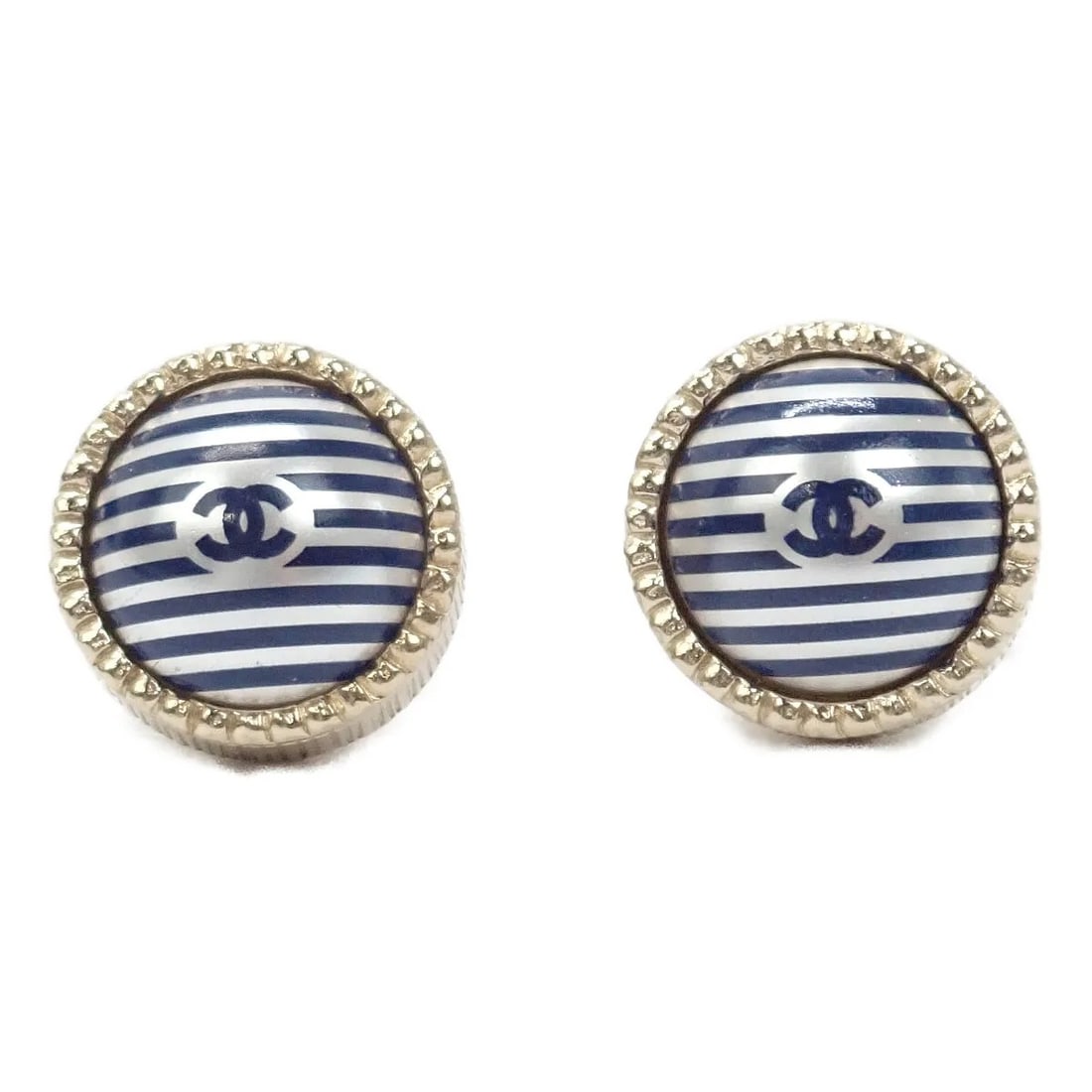 CHANEL Earrings CC Round Stripe Blue White COCO Stud Gold GP A19C authentic (1 of 3)