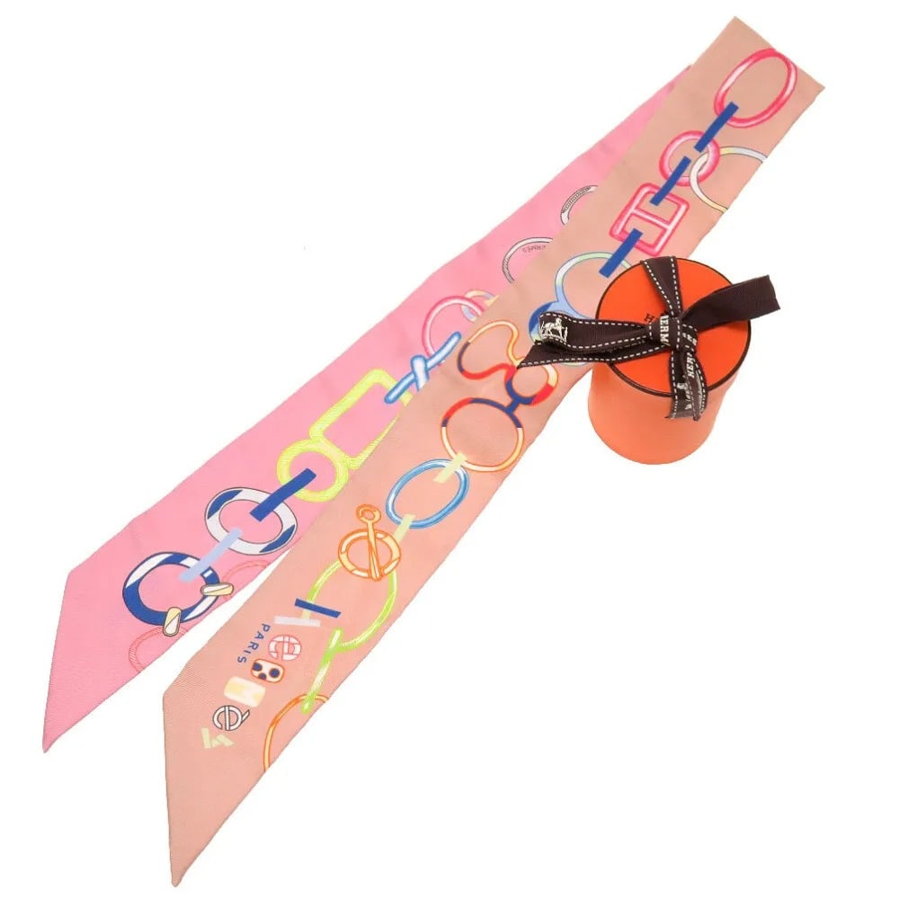 HERMES Scarf Silk Twilly DO RE BOUCLES Pink Rose Multi Color authentic (1 of 3)