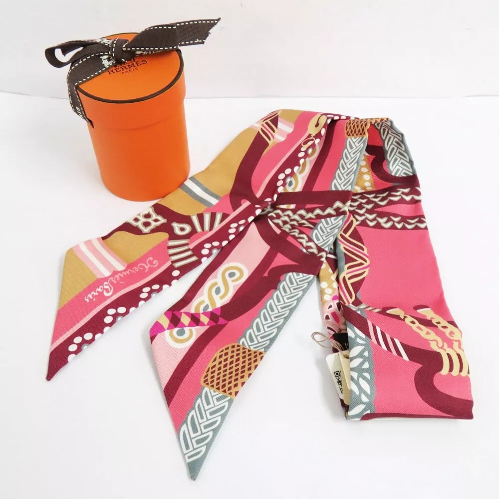 HERMES Scarf Silk Twilly FANTAISIE D?fETRIERS Rose Vif Multi Color authentic (1 of 3)