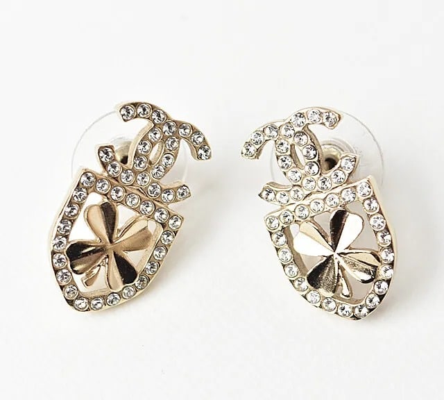 CHANEL Earrings CC Rhinestone Clover Motif COCO Stud Gold GP authentic (1 of 3)