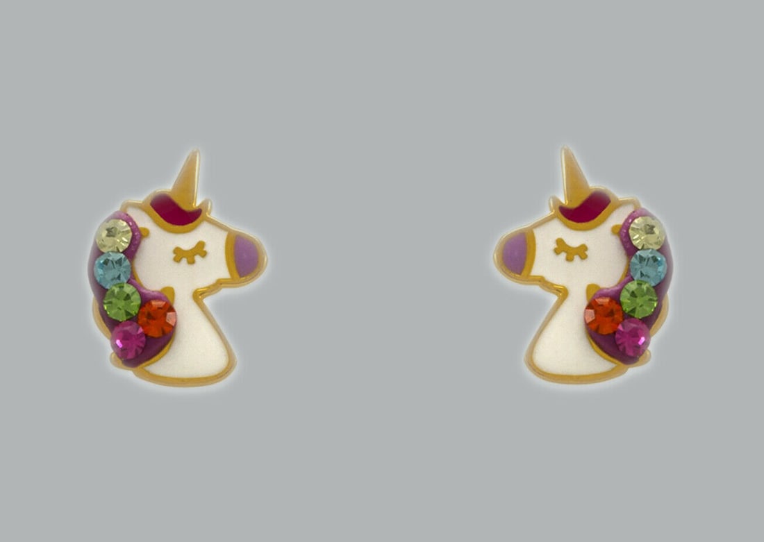 14K Y/ GOLD STUD CZ EARRINGS SCREW BACK ENAMEL UNICORN (1 of 2)