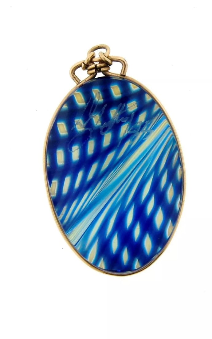ARTSY 14k Yellow Gold & Hand Painted Glass Pendant Circa 1970s (1 of 1)