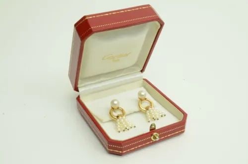 Authentic Cartier Vintage Earrings 18k Gold Pearl Pierced Hoop Tassel Jewelry (1 of 2)