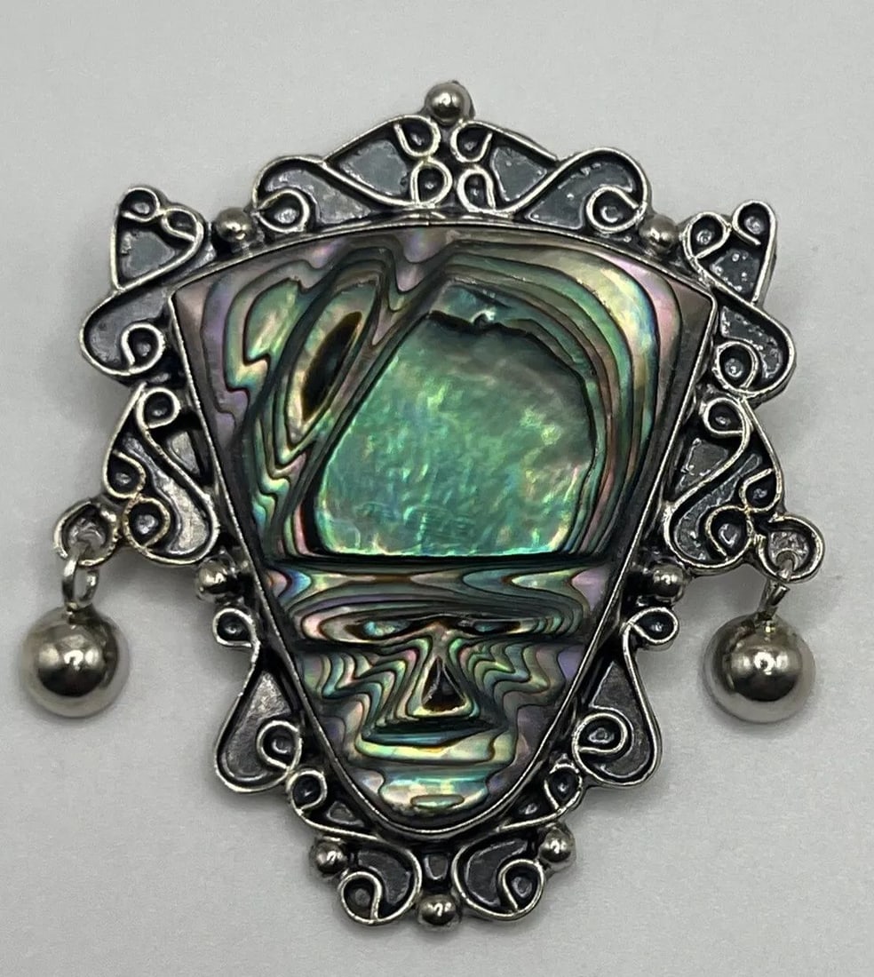 CARVED ABALONE SIGNED STERLING SILVER FILIGREE BROOCH/PENDANT (1 of 2)