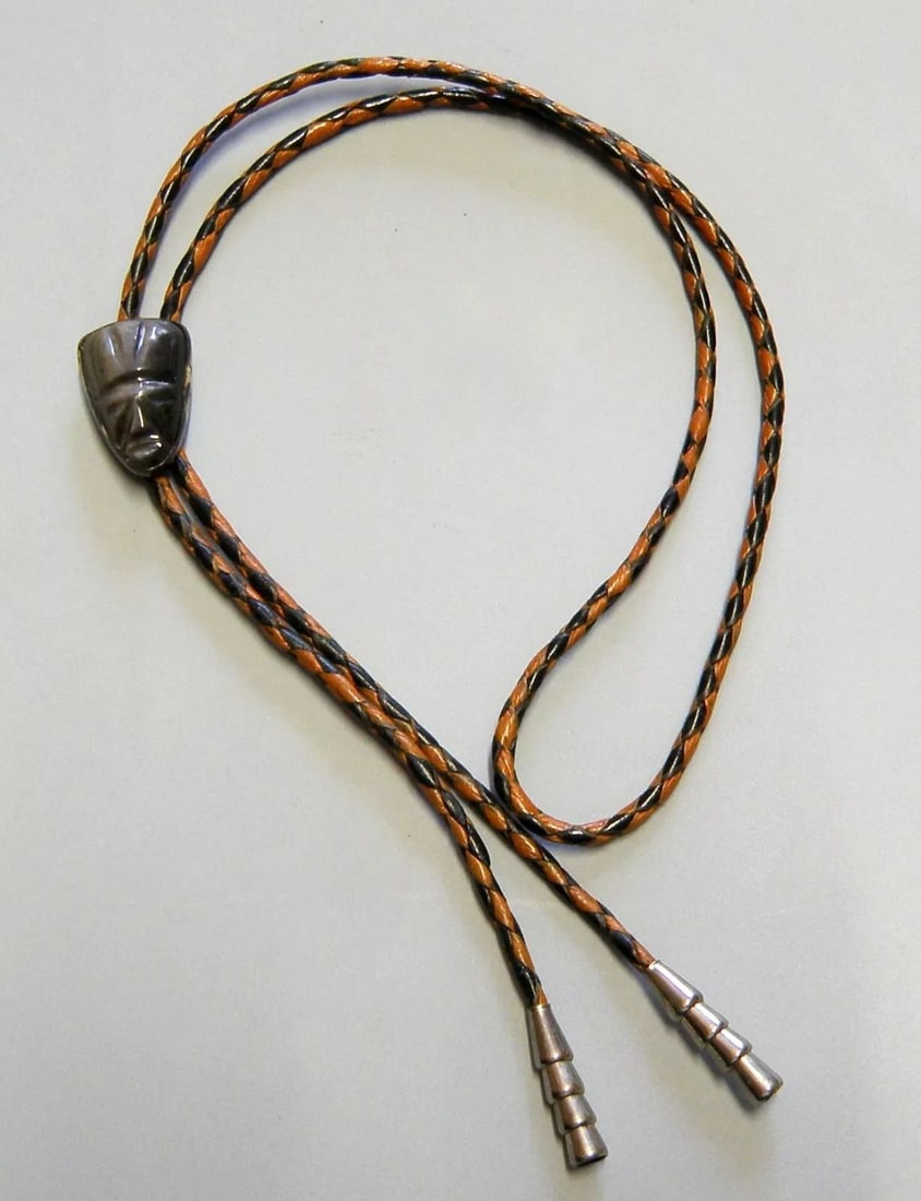 VINTAGE STERLING SILVER LEATHER BOLO TIE FACE MASK GEMSTONE MEXICO (1 of 2)
