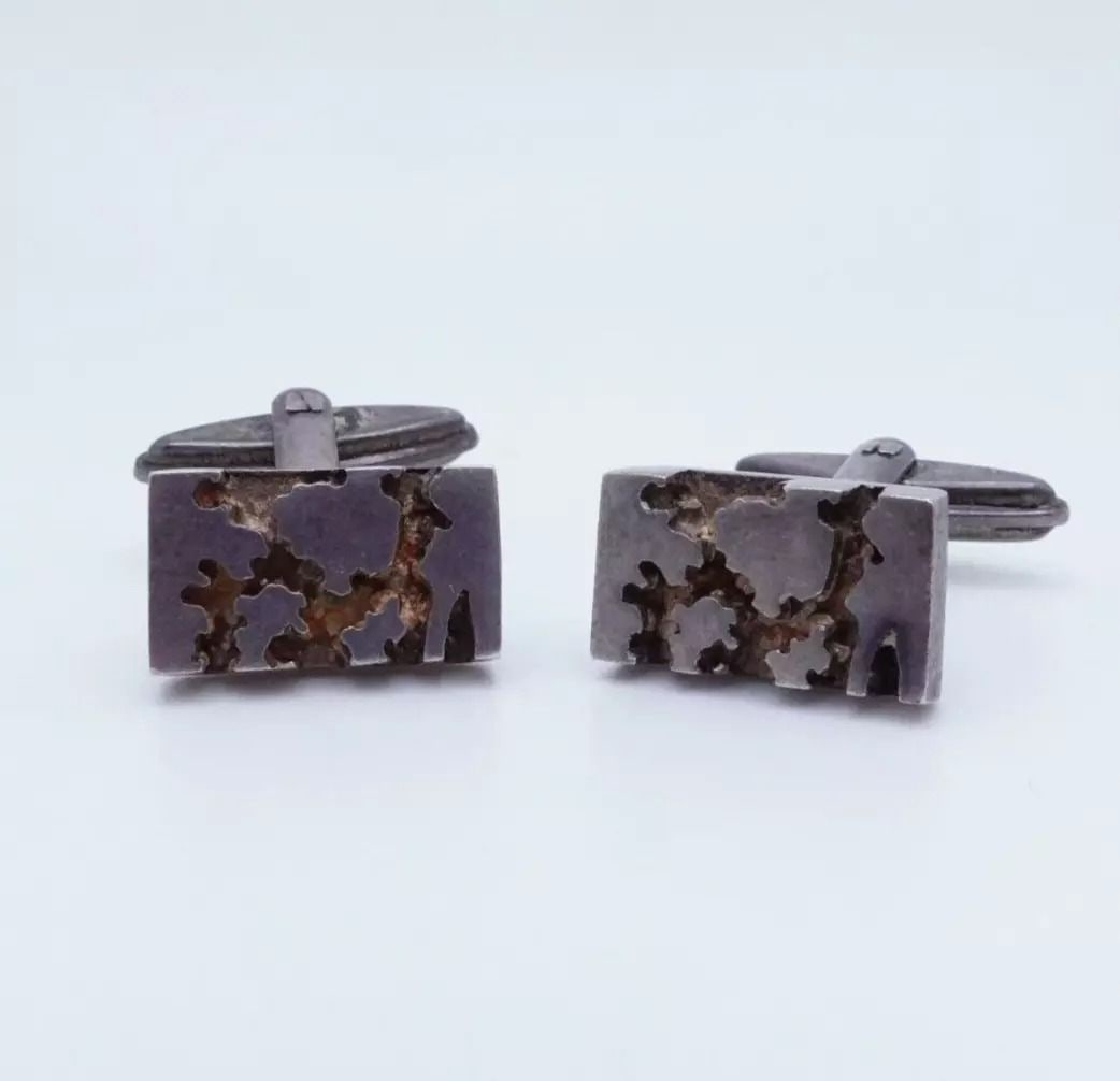 NC Edinburg 1730s Sterling Silver Vintage Rectangle Freeform Cufflinks (1 of 2)