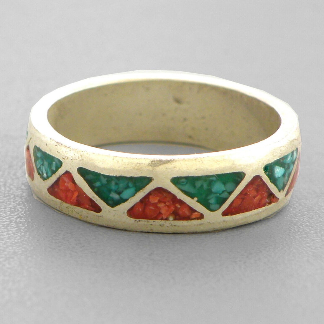 VINTAGE NAVAJO SILVER CORAL & TURQUOISE INLAY RING (1 of 2)